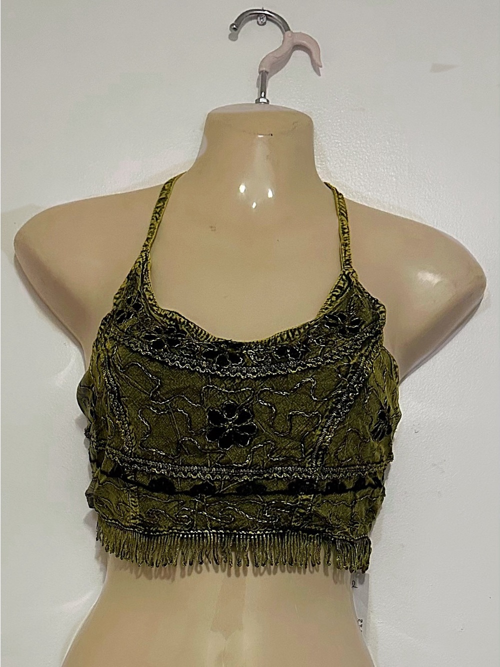 Olive Green Embroidered Fringe Halter Tank Top